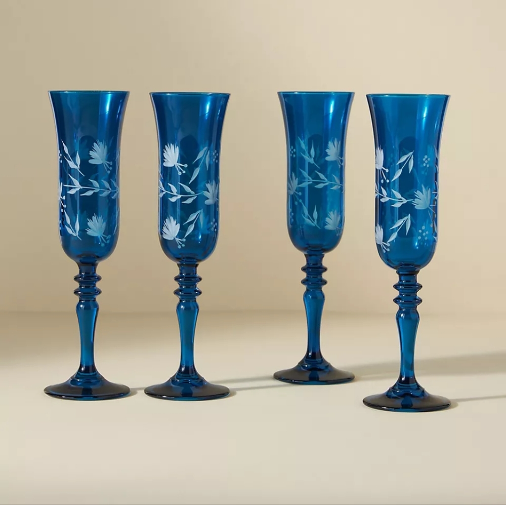 ANTHROPOLOGIE BLUE ETCHED SOFIA FLUTES, CHAMPAGNE GLASSES SET OF 4